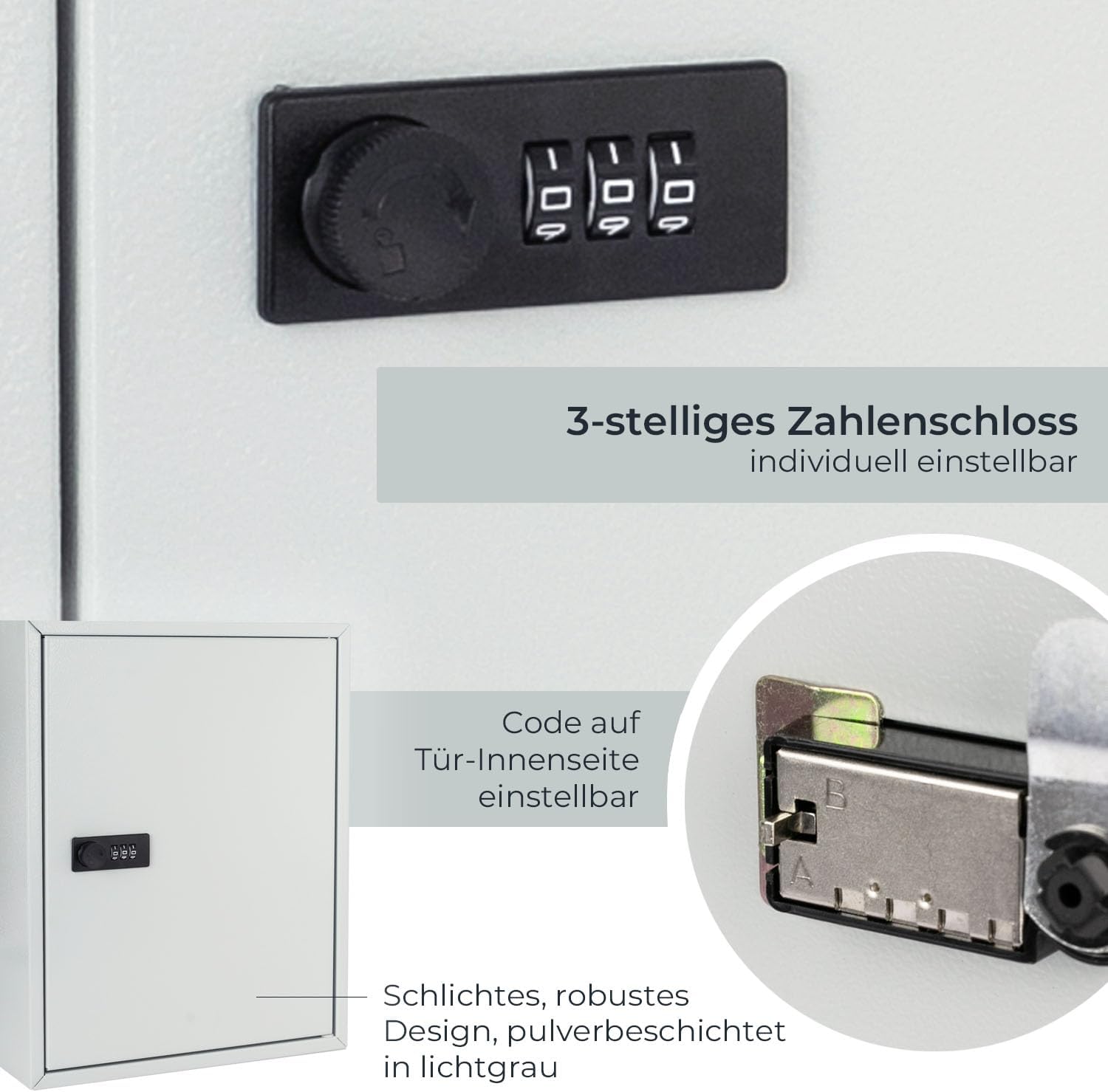 HMF Schlüsselschrank mit Zahlencode, Schlüsselkasten groß | 42 Haken | 35 x 27 x 8 cm | Lichtgrau