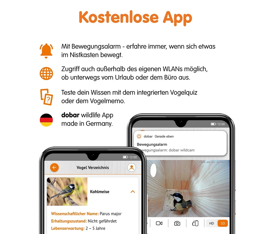 Smartphone, App-Schnittstelle, Vogelbox, Kameraperspektive, Brillennotiz