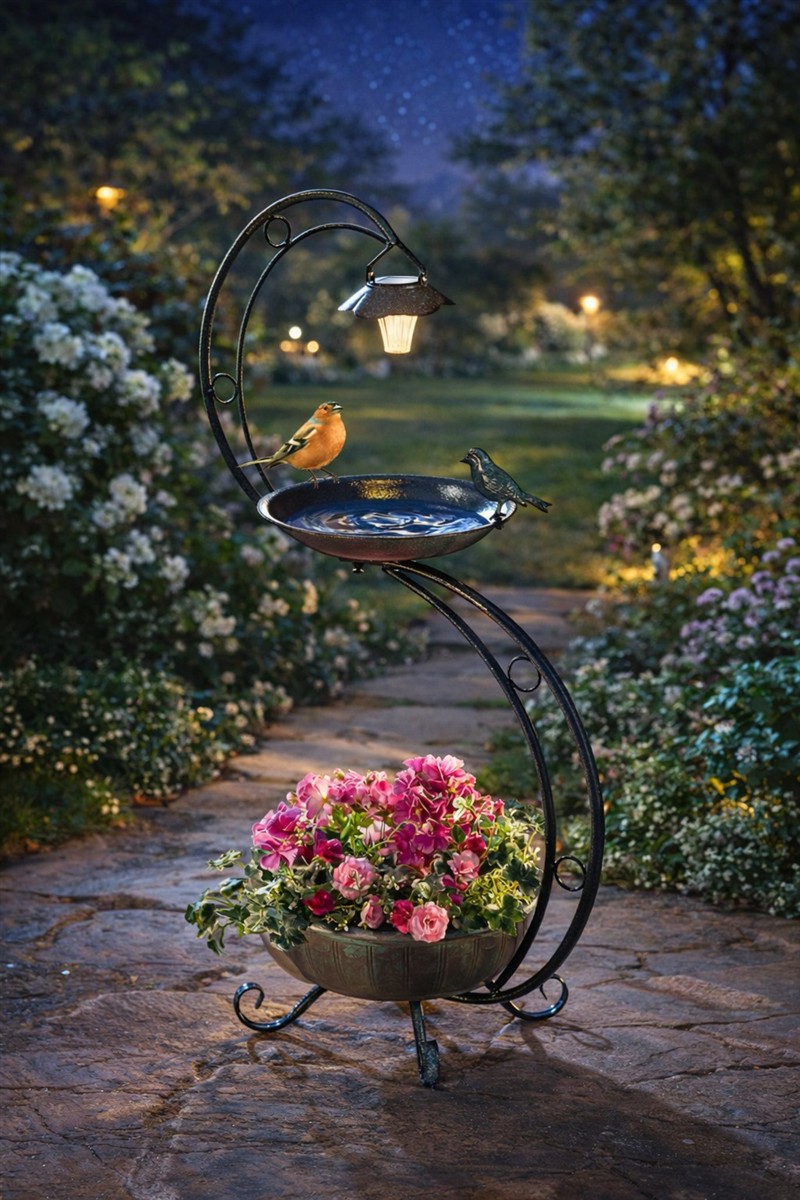 Vogelfigur, Vogeltränke, Gartenlaterne, Blumenkorb, Blumenbeet