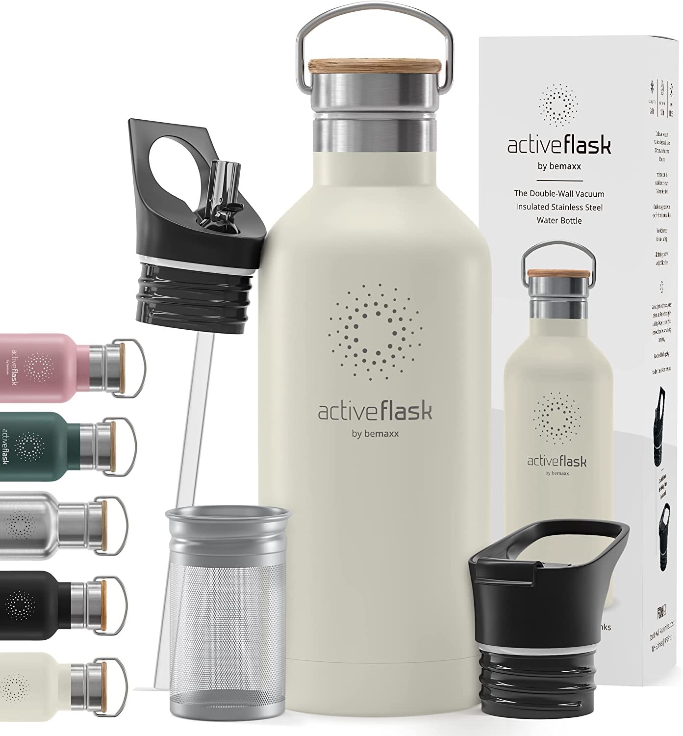 BeMaxx Trinkflasche Edelstahl ACTIVE FLASK creme Bamboo-Verschluss 950l