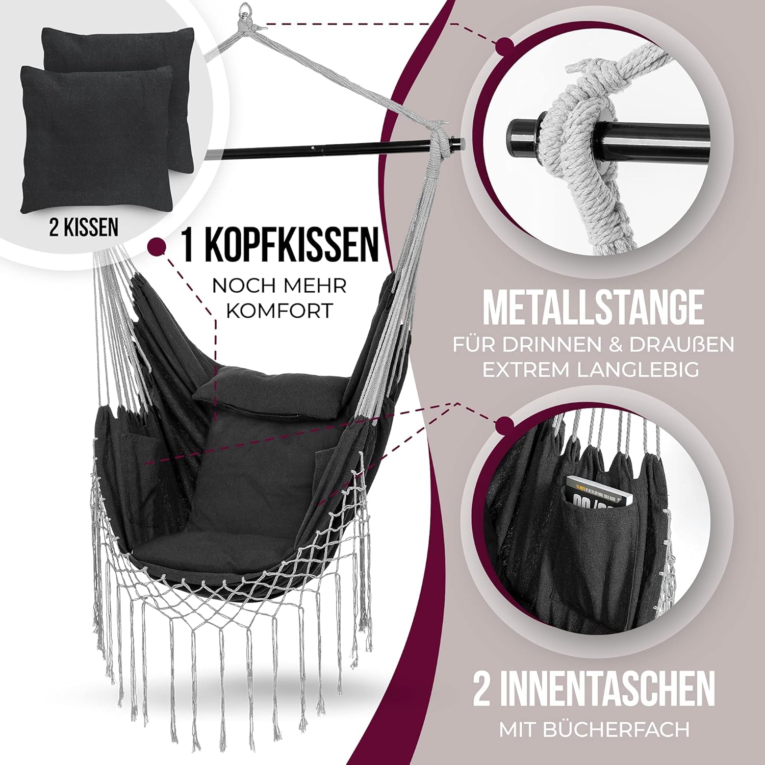 HEIMLING Hängesessel Indoor & Outdoor XXL Hängesessel Hängematte Balkon Terrasse anthrazit