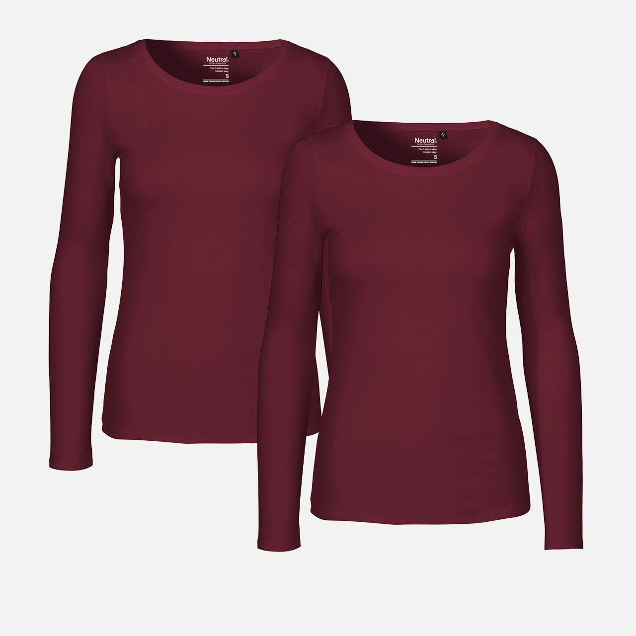 Damen-Langarmshirt, Rundhalsausschnitt, Bordeauxrot, Einfarbig, 2er-Pack