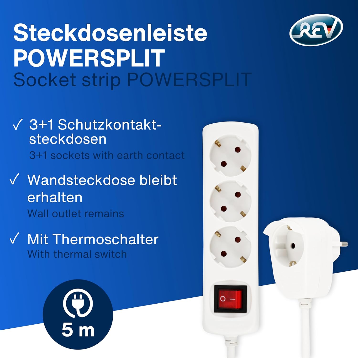 REV Steckdosenleiste PowerSplit - Mehrfachsteckdose 4-Fach (3+1) mit Schalter Wandsteckdose bleibt erhalten 3500W 5m weiß