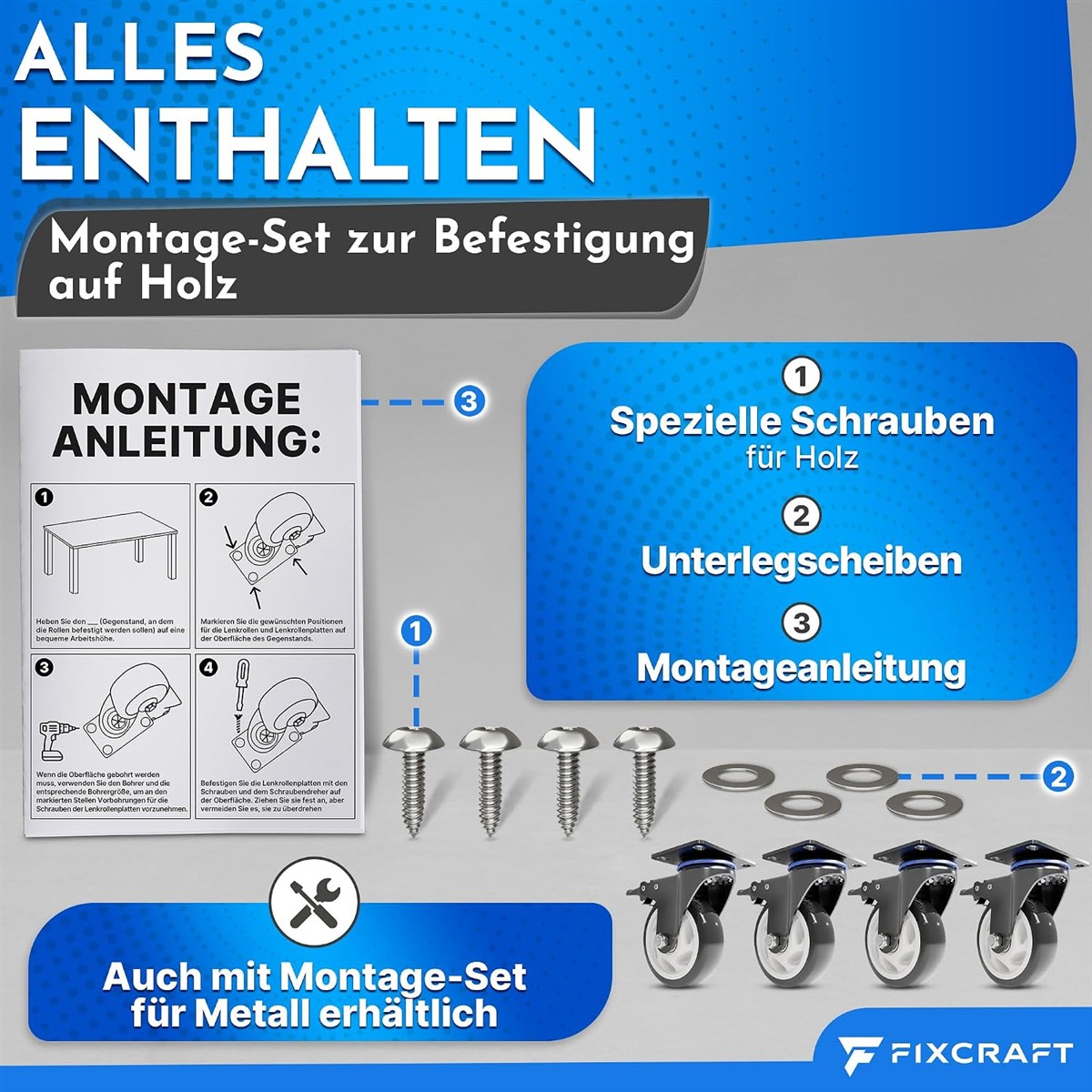 Montage-Set, Holz, Unterlegscheiben, Schrauben, Roller