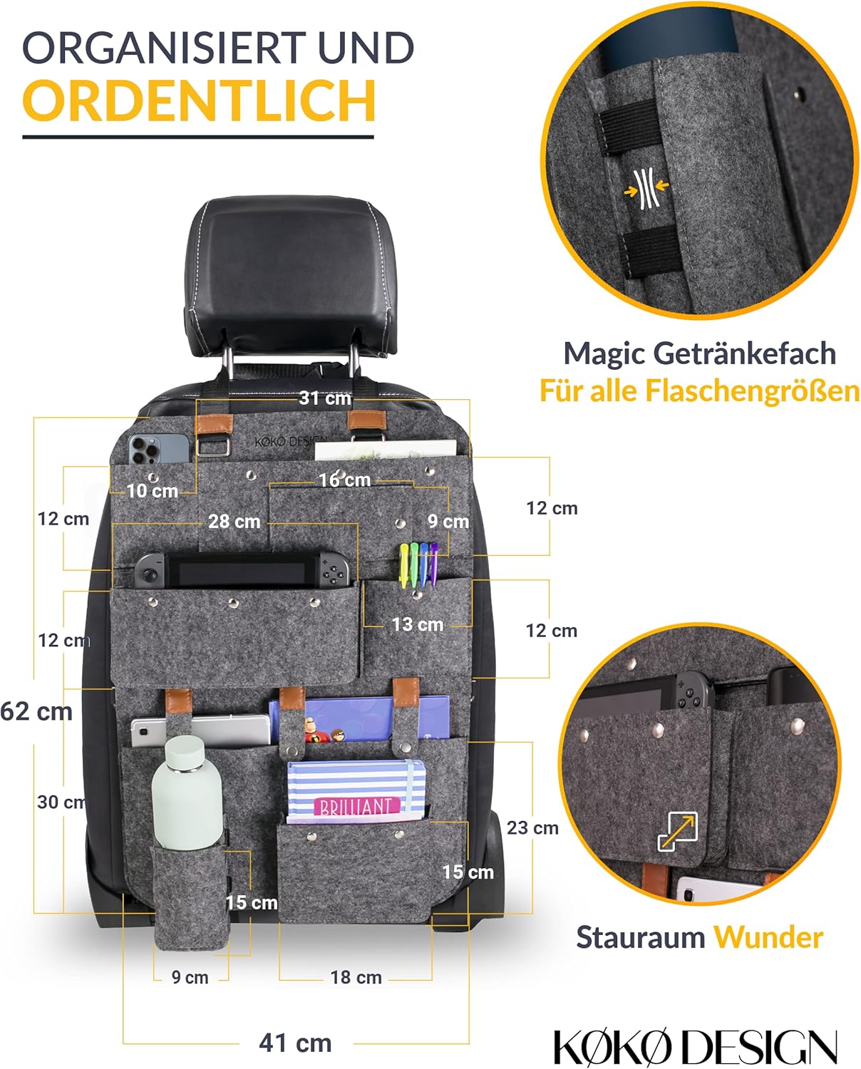KØKØ Design Rücksitzorganizer HULDA aus Filz Rücklehnenschutz Tabletfach  Rücksitz Organizer grau