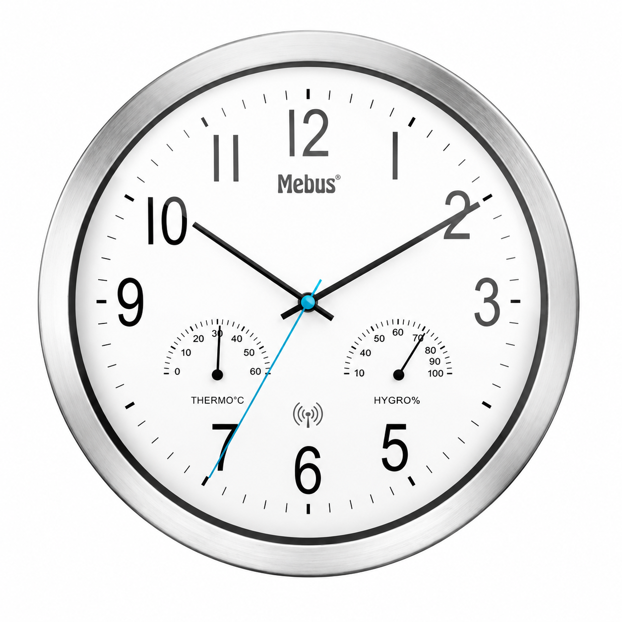 Wanduhr, Edelstahlrahmen, Analoganzeige, Thermometer, Hygrometer