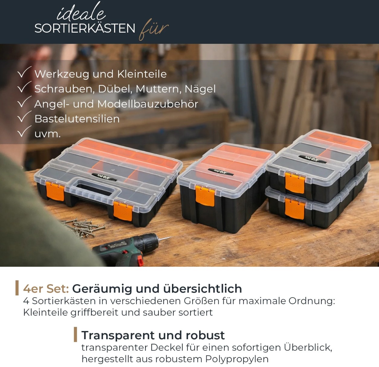 HMF Sortierbox 4-teilig leer 49 Fächer mit transparentem Deckel