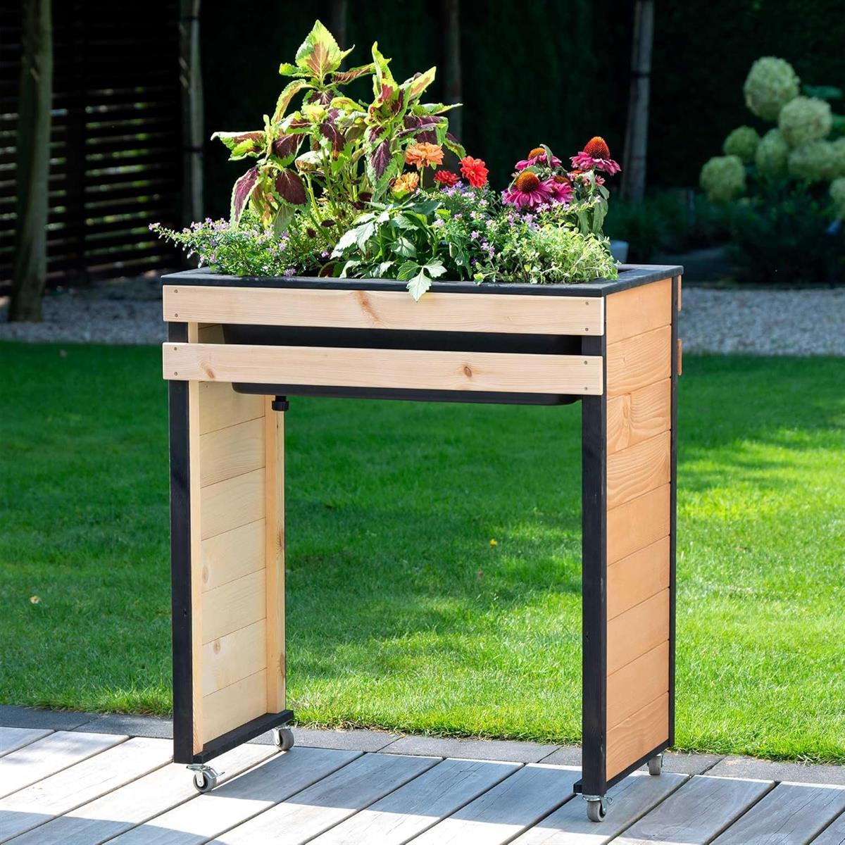 dobar Hochbeet Wheely Gr. M für Rollstuhlfahrer - Pflanzkasten aus Holz aus Rollen mit Pflanzkübel - Kräuterbeet für Indoor und Outdoor - Balkon-Hochbeet Natur