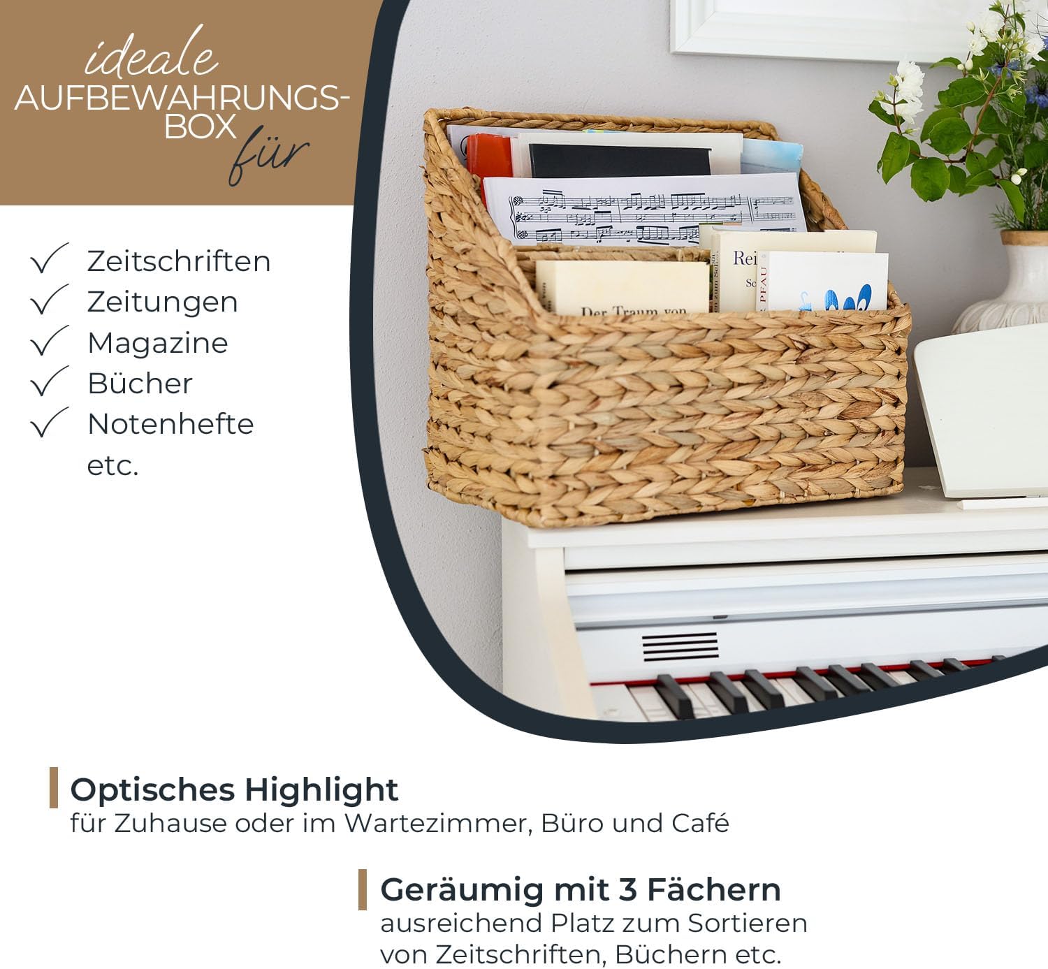 HMF Zeitungsständer Zeitungskorb geflochten aus Wasserhyazinthe 3 Fächer 35 x 24 x 32 cm
