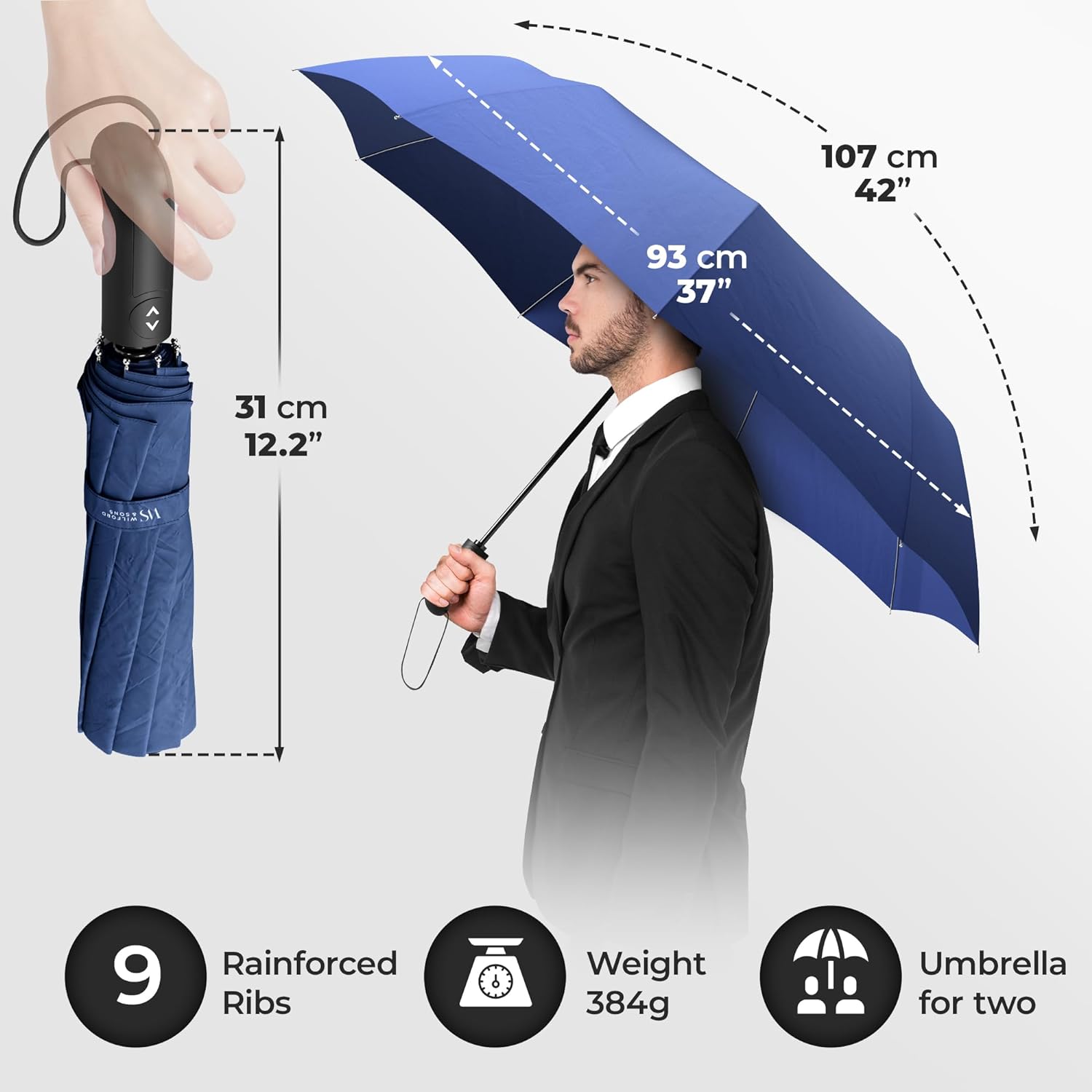 Wilford & Sons Regenschirm Taschenschirm Sturmfest blau