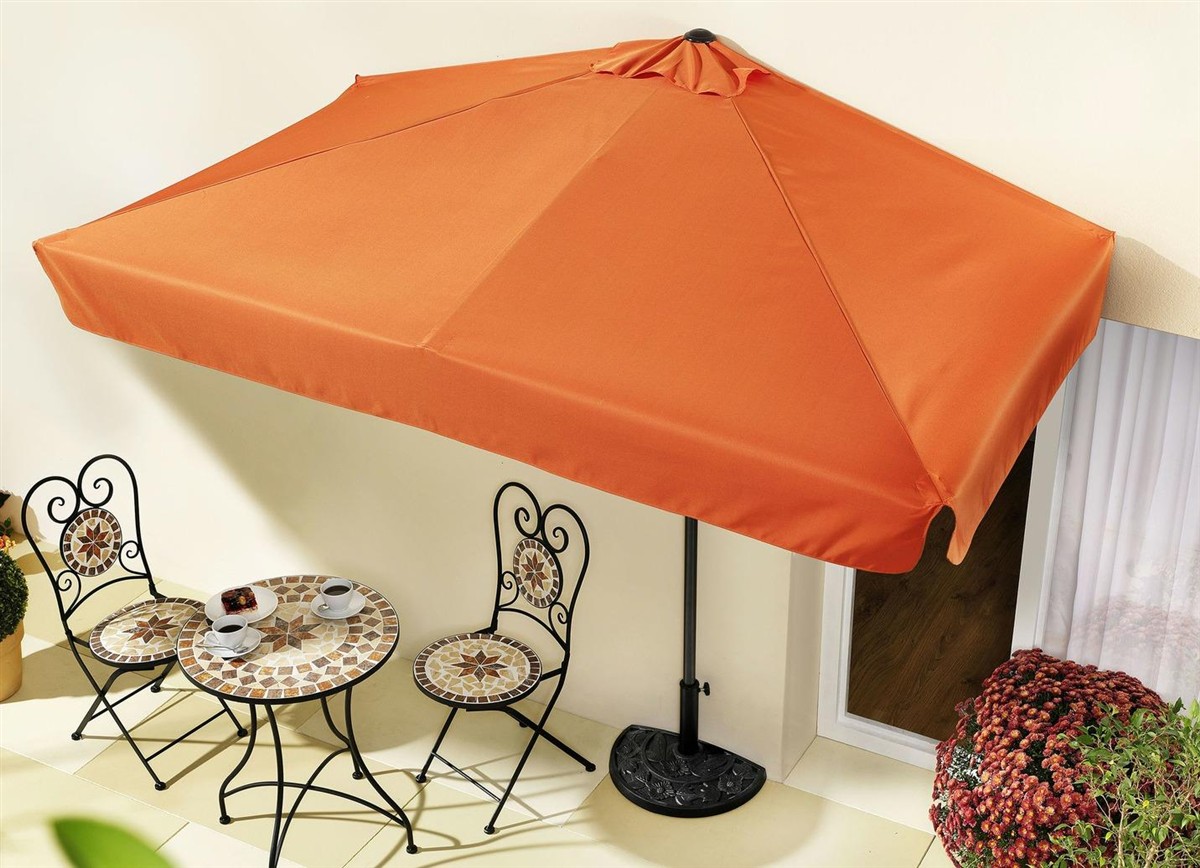 Sonnenschirm, Outdoorschirm, Garten, Orangetuch, Stuhlset mit Tisch