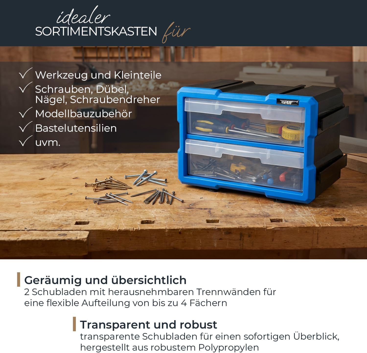 Werkzeugkasten, Schubkasten, Draht, Schrauben, Holzarbeitsplatz