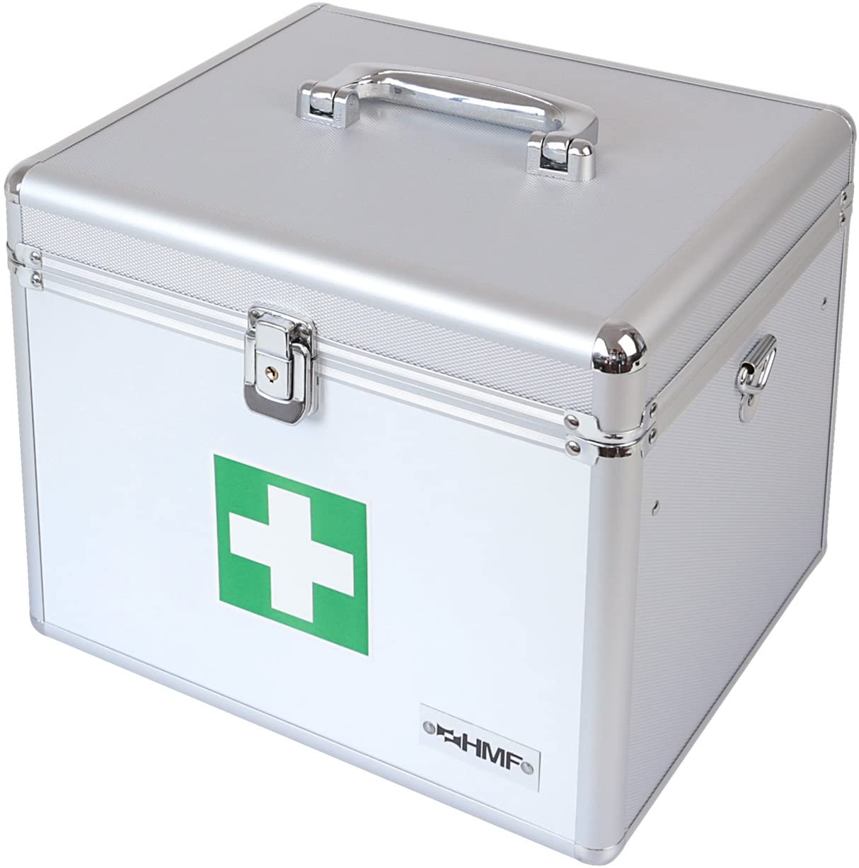 Erste-Hilfe-Koffer, Aluminiumkoffer, silberfarben, Tragegriff, grünes Kreuz