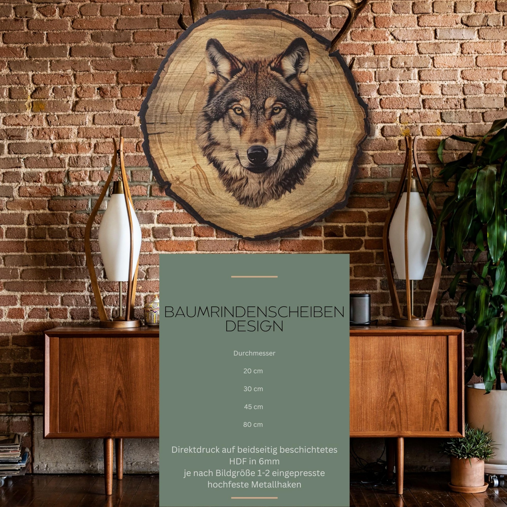 Wandbild, Wolfsillustration, Holzoptik, Baumscheibenform, Metallhaken