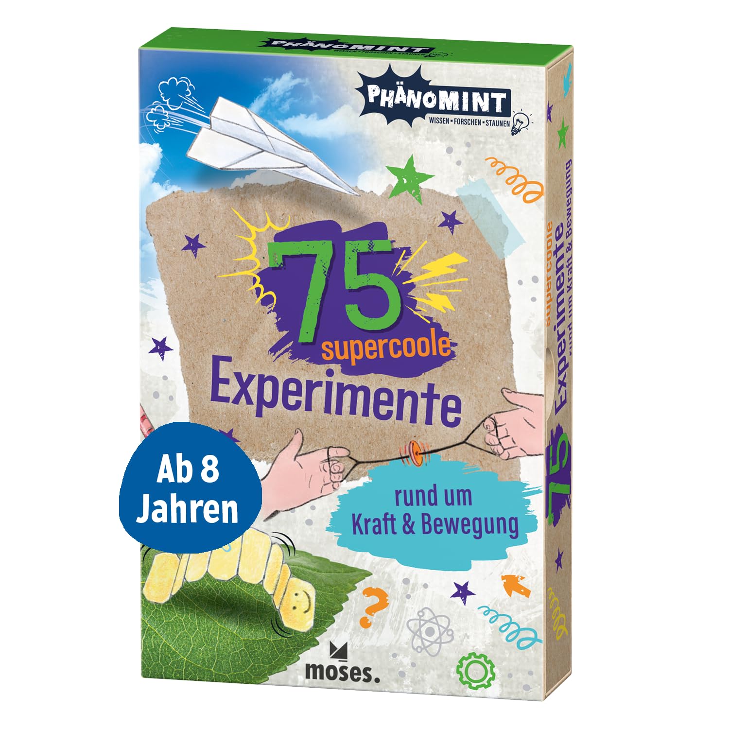 moses. PhänoMINT 75 supercoole Experimente rund um Kraft & Bewegung, Mechanik spielerisch entdecken, naturwissenschaftliches Kartenset zum Experimentieren für Kinder