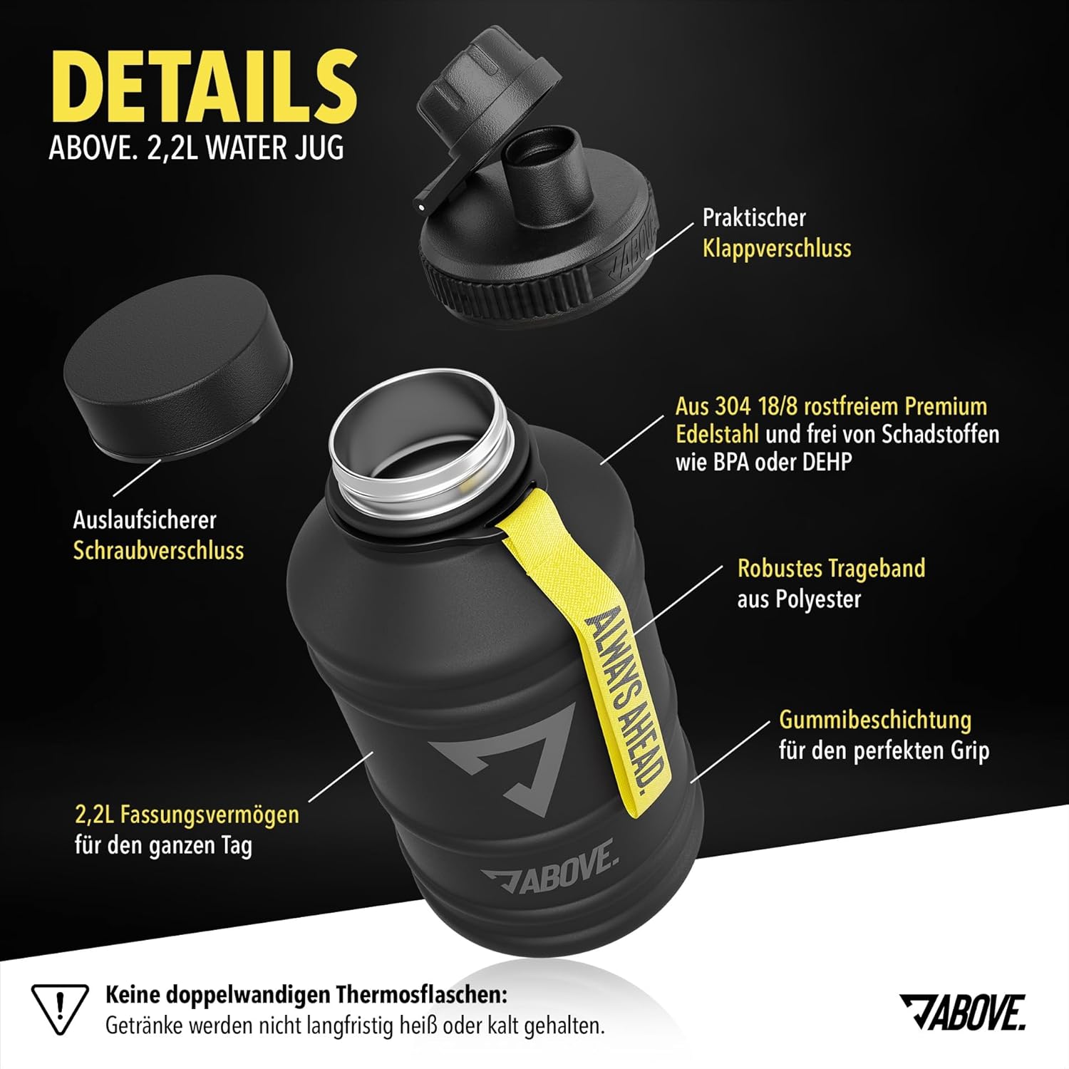 ABOVE Trinkflasche Edelstahl 2,2L schwarz Fitness Sport Outdoor