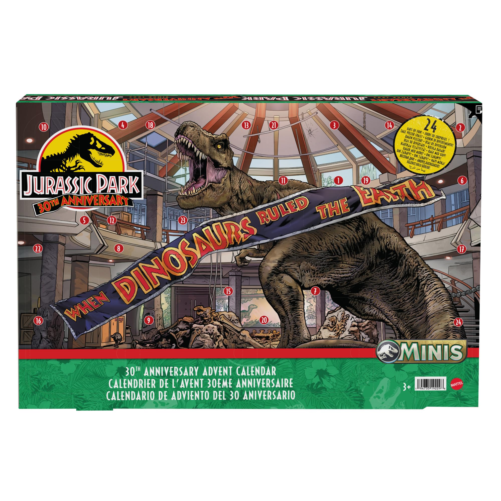 JURASSIC WORLD 30. Jubiläum Adventskalender - 24 Türchen mit Mini-Dinosauriern, Menschenfiguren und Teilen für einen aufregenden Spielbereich, für Kinder ab 4 Jahren, HTK45
