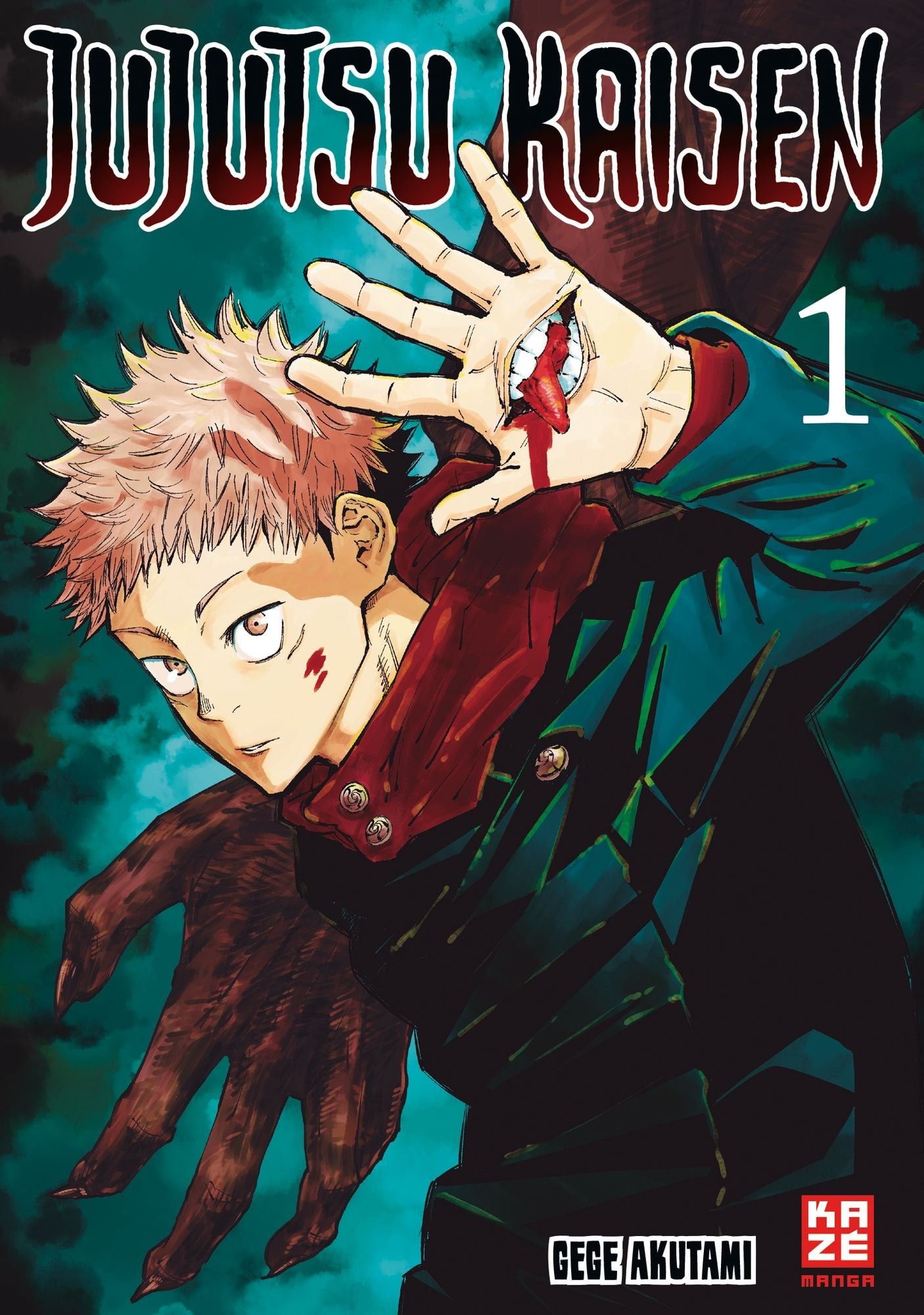 japanische manga, cover art, hand gesture, blood smile, mutated glove