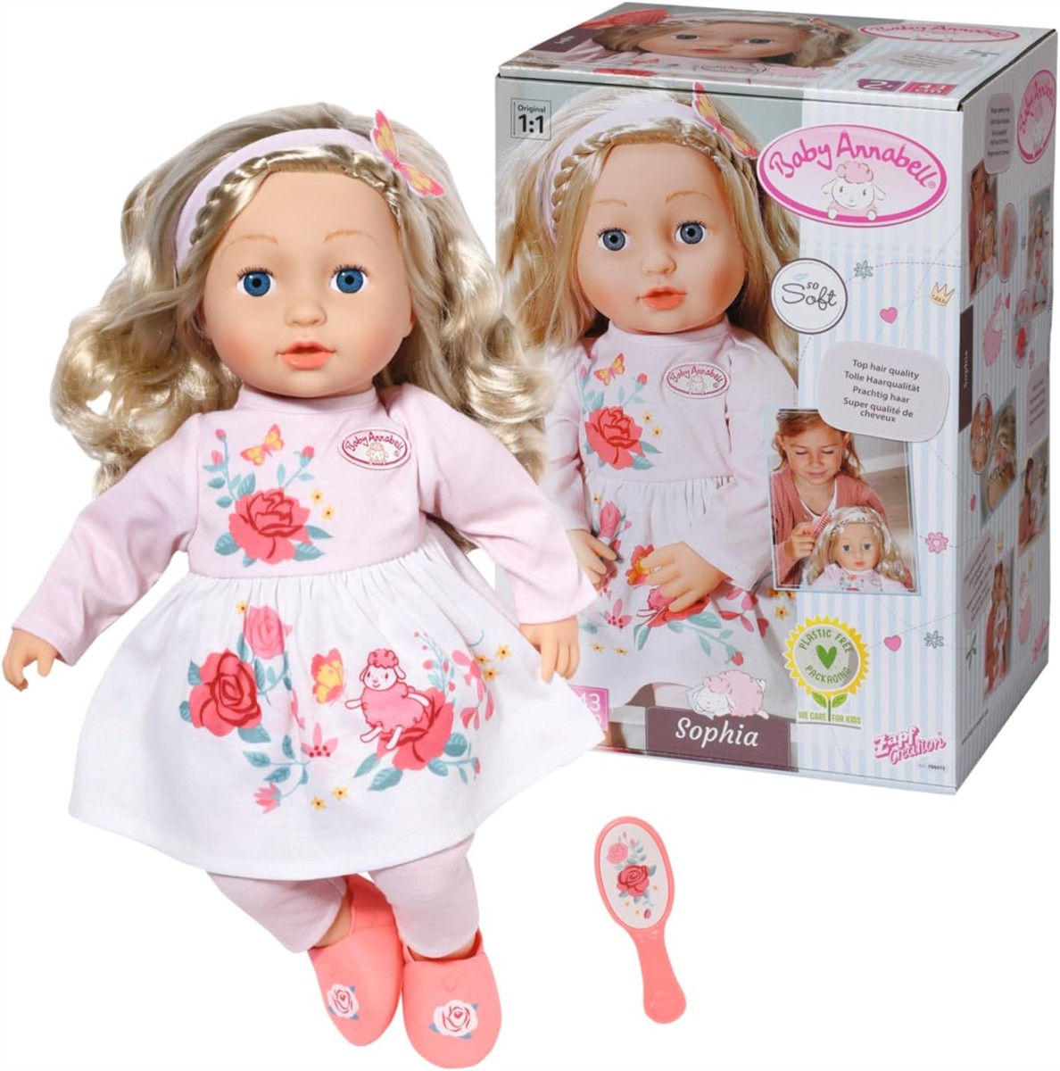 Puppe, Spielzeugpuppe, Puppenoutfit, Rosenmuster, Schuhe pink