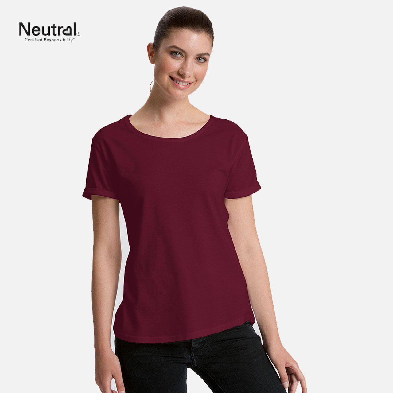 Damen-T-Shirt, Bordeauxrot, Rundhalsausschnitt, Kurzarm, Einfarbig
