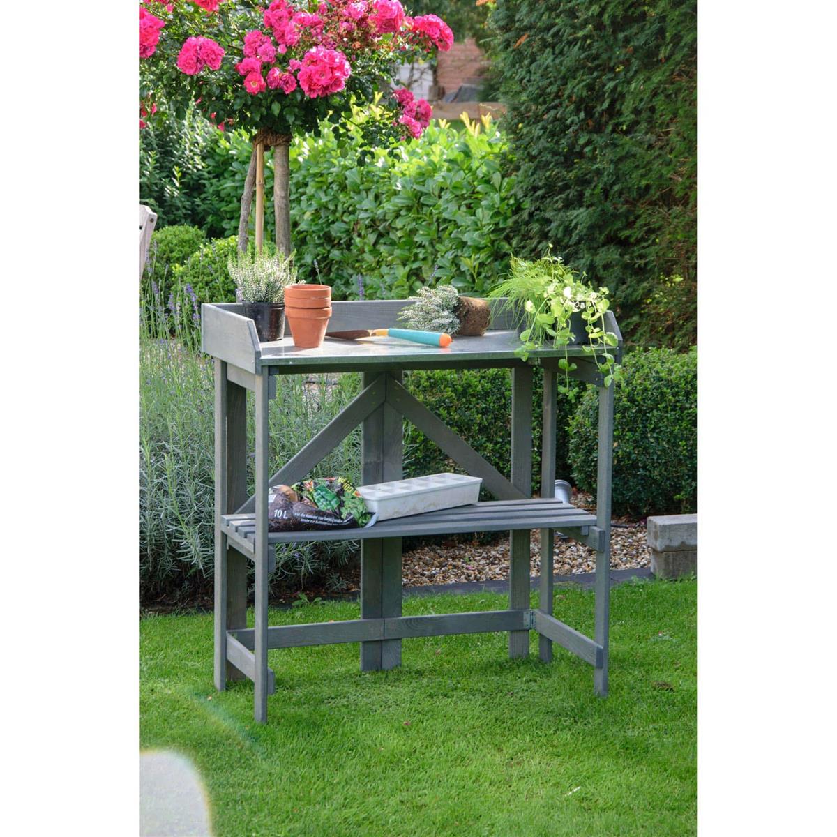 Gartentisch, Werkbank, Hochbeet, Blumentöpfe, Gartenwerkzeug