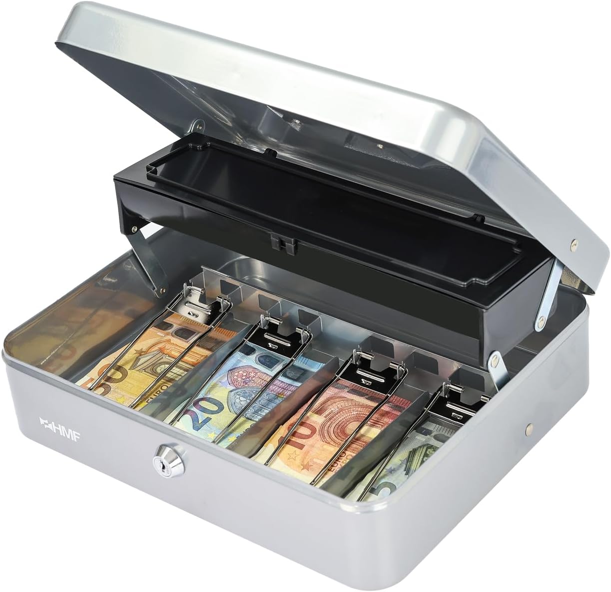 HMF Geldkassette abschließbar mit Münzeinsatz und 4 Scheinfächer mit Klammer 30 x 24 x 9 cm Silber