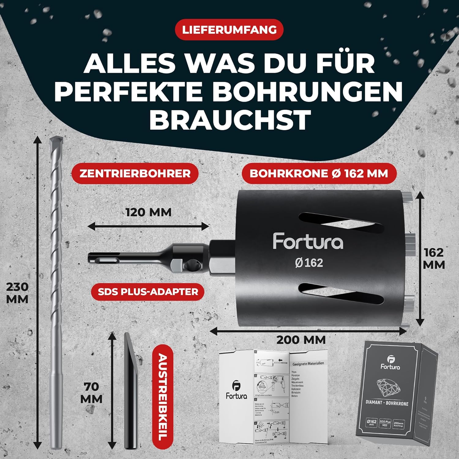 Fortura Kernbohrer Diamantbohrkrone Ø162x200mm SDS Plus Dosenbohrer