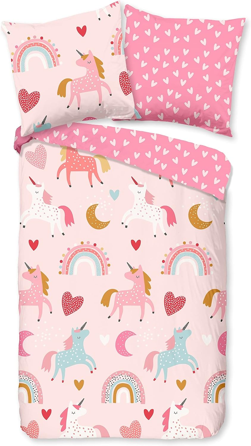 Good Morning 30048.70.08 Wendebettwäsche Flanell Unicorn Kindebettwäsche Bettwäsche Rosa Dessin Design Einhorn und Regenbogen pink