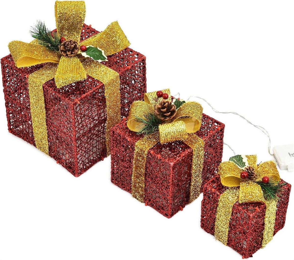 Weihnachtsgeschenke, Geschenkverpackung, Glitzerrot, Goldband, Dekoration