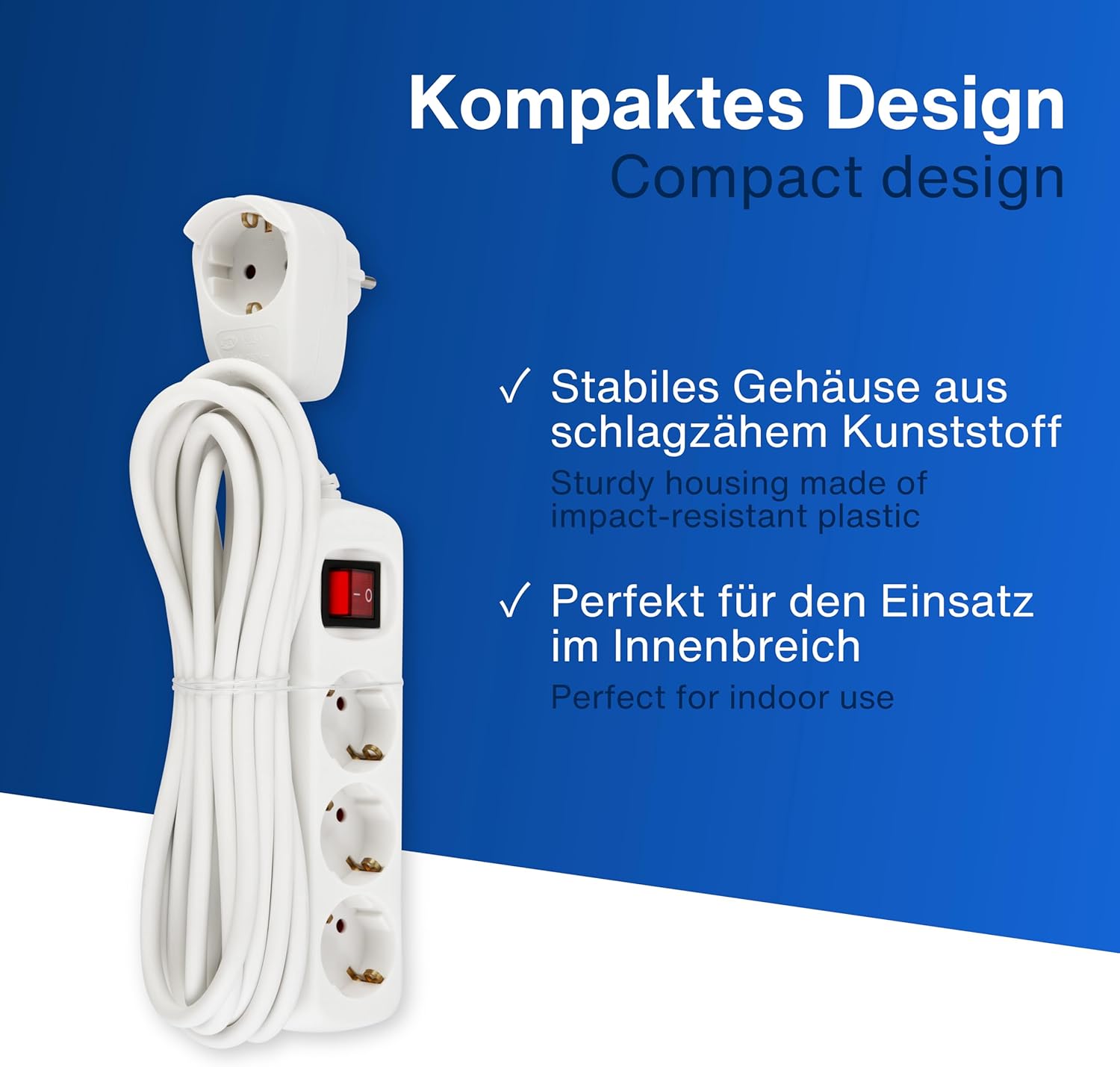 REV Steckdosenleiste PowerSplit - Mehrfachsteckdose 4-Fach (3+1) mit Schalter Wandsteckdose bleibt erhalten 3500W 5m weiß