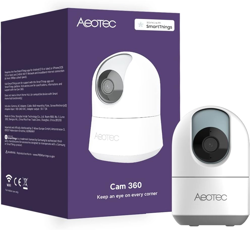 AEOTEC GPAEOCAMEU SmartThings WLAN IP Kamera WLAN Überwachungskamera 1080p Full HD Auflösung Nachtsicht 360 Grad Personenerkennung Bewegungsverfolgung Rundumblick 2 Wege Audio