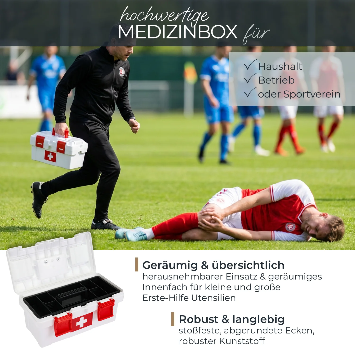 HMF Erste Hilfe Kasten zur Medikamenten Aufbewahrung, Medizinbox leer für Sportverein Betrieb oder Zuhause 37 x 19,5 x 18,5 cm Weiß-Rot