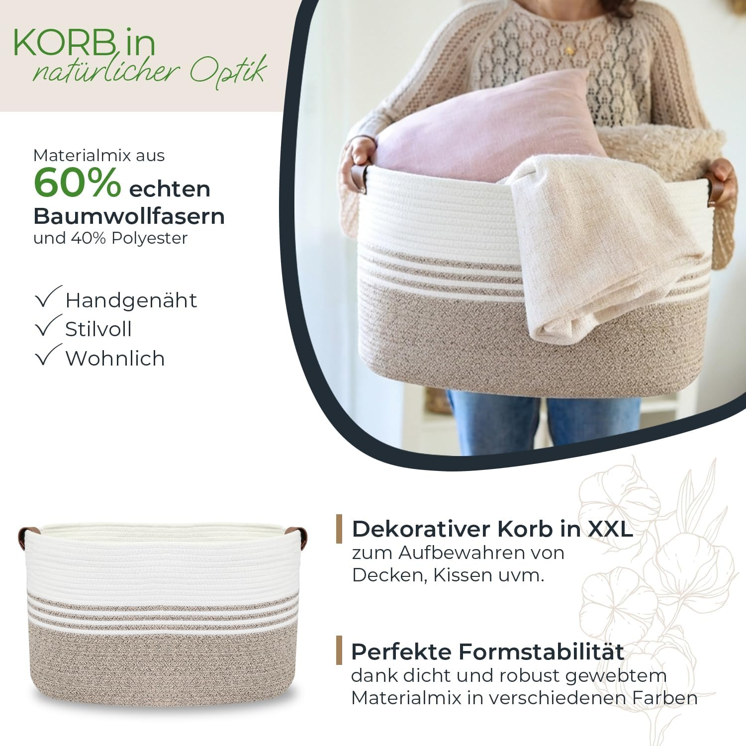 Dekorkorb, Aufbewahrungskorb, Gewebe-Struktur, Beige Braun, Baumwollmischung