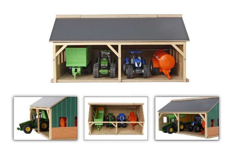 KidsGlobe 610047 Schuppen Scheune Stall aus Holz für Traktoren und Anhänger Dach klappbar 1:50