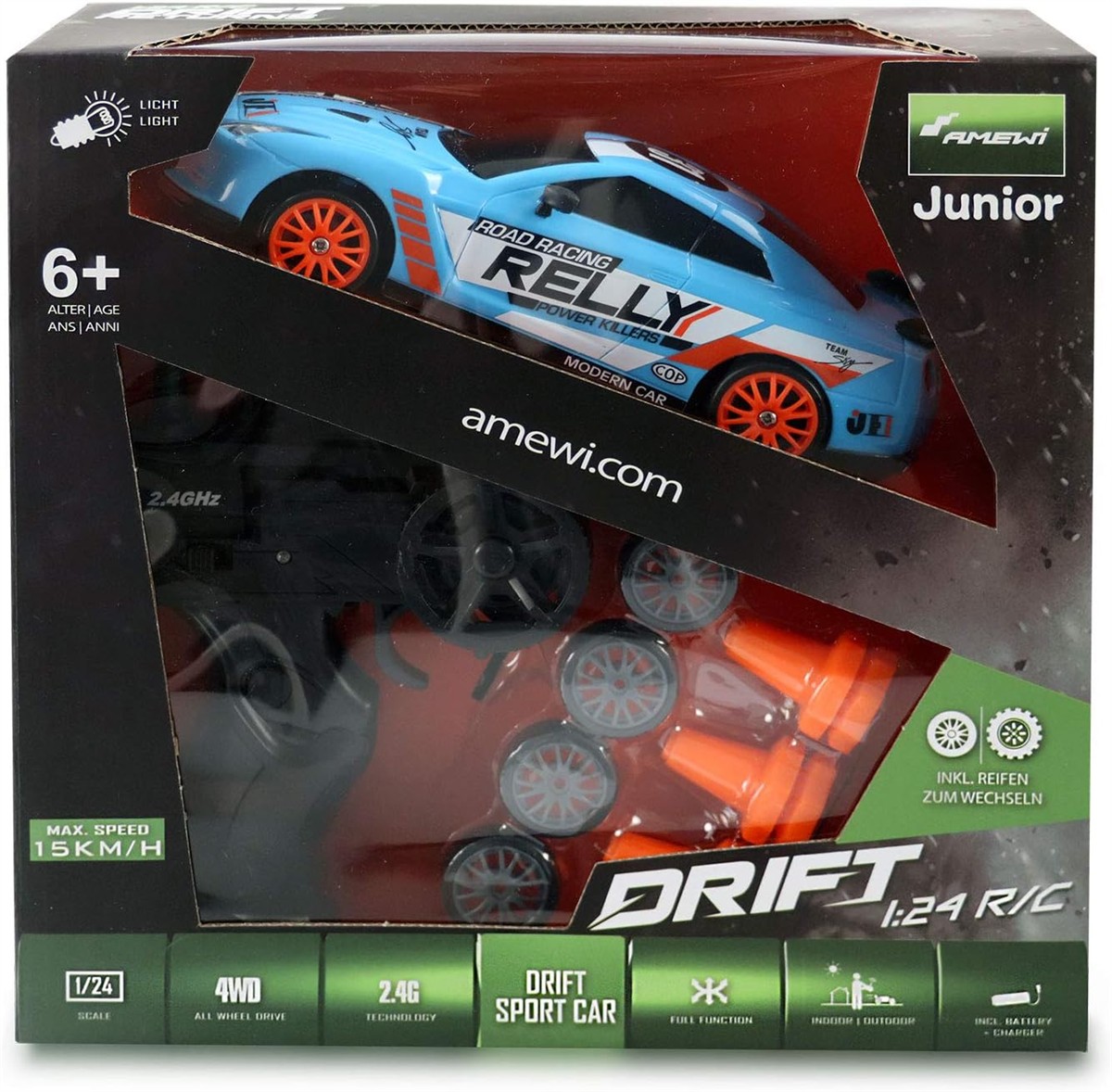 RC Auto, Drift Auto, blauer Karosserieteil, orange Felgen, 1/24 Maßstab