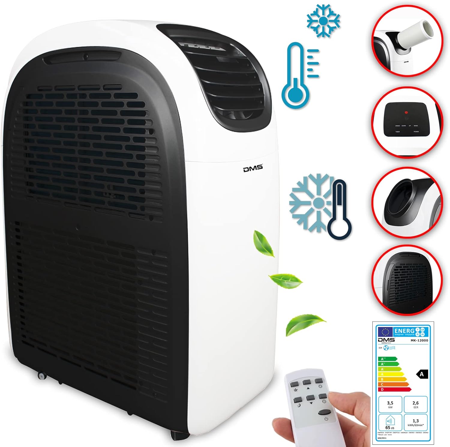 DMS Klimaanlage Mobiles Klimagerät 4in1 kühlen Luftentfeuchter, lüften, Ventilator und Schlafmodus - 12000 BTU/h (3.500 Watt) - Klima mit Montagematerial Fernbedienung und 24h Timer EEK: A Weiß