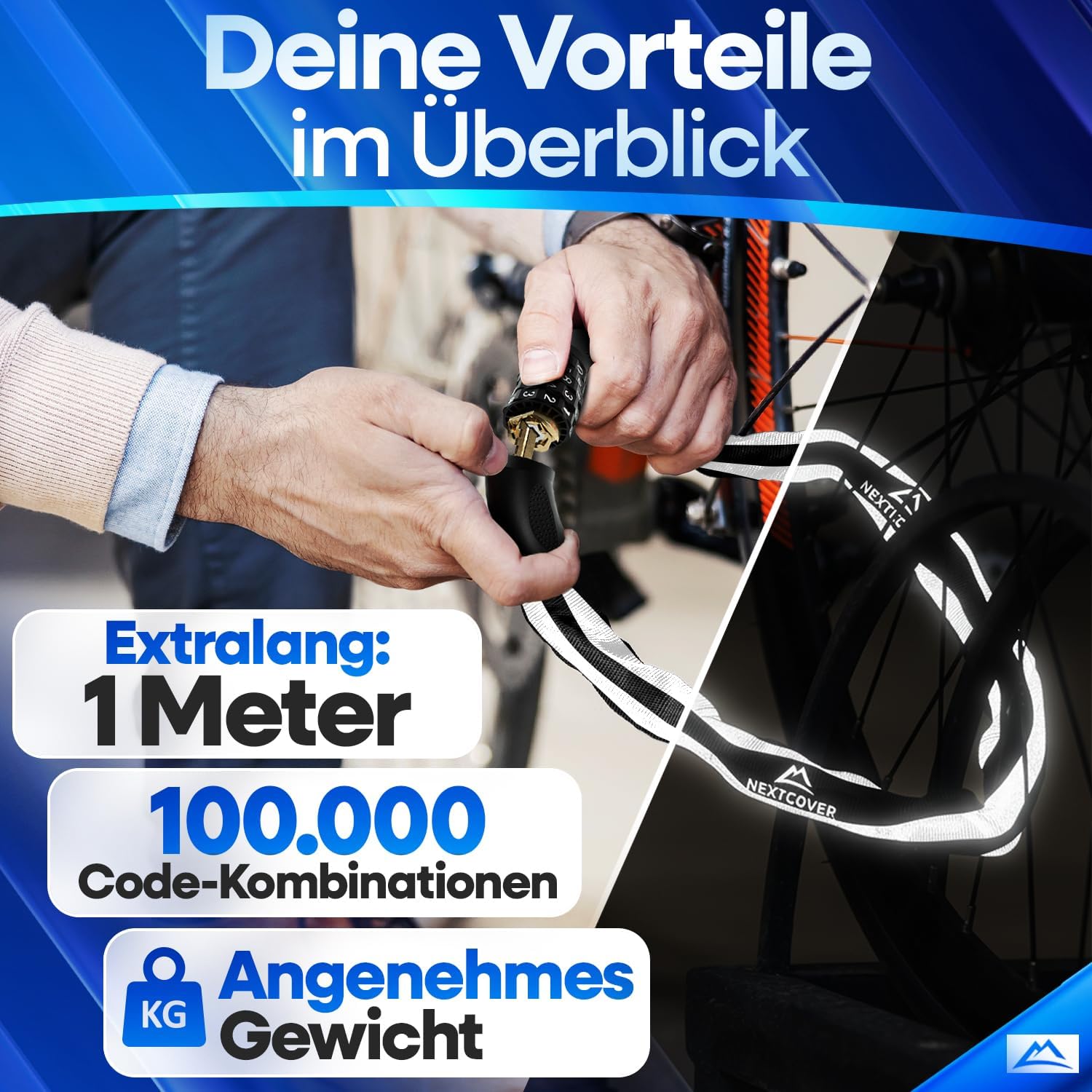NEXTCOVER Fahrradschloss mit Zahlencode LockPro - Das Original - SAFESECURE hohe Sicherheit 5- stelliger Zahlencode, Zahlenschloss Fahrrad Stahl Bike Lock für E-Bike Kettenschloss