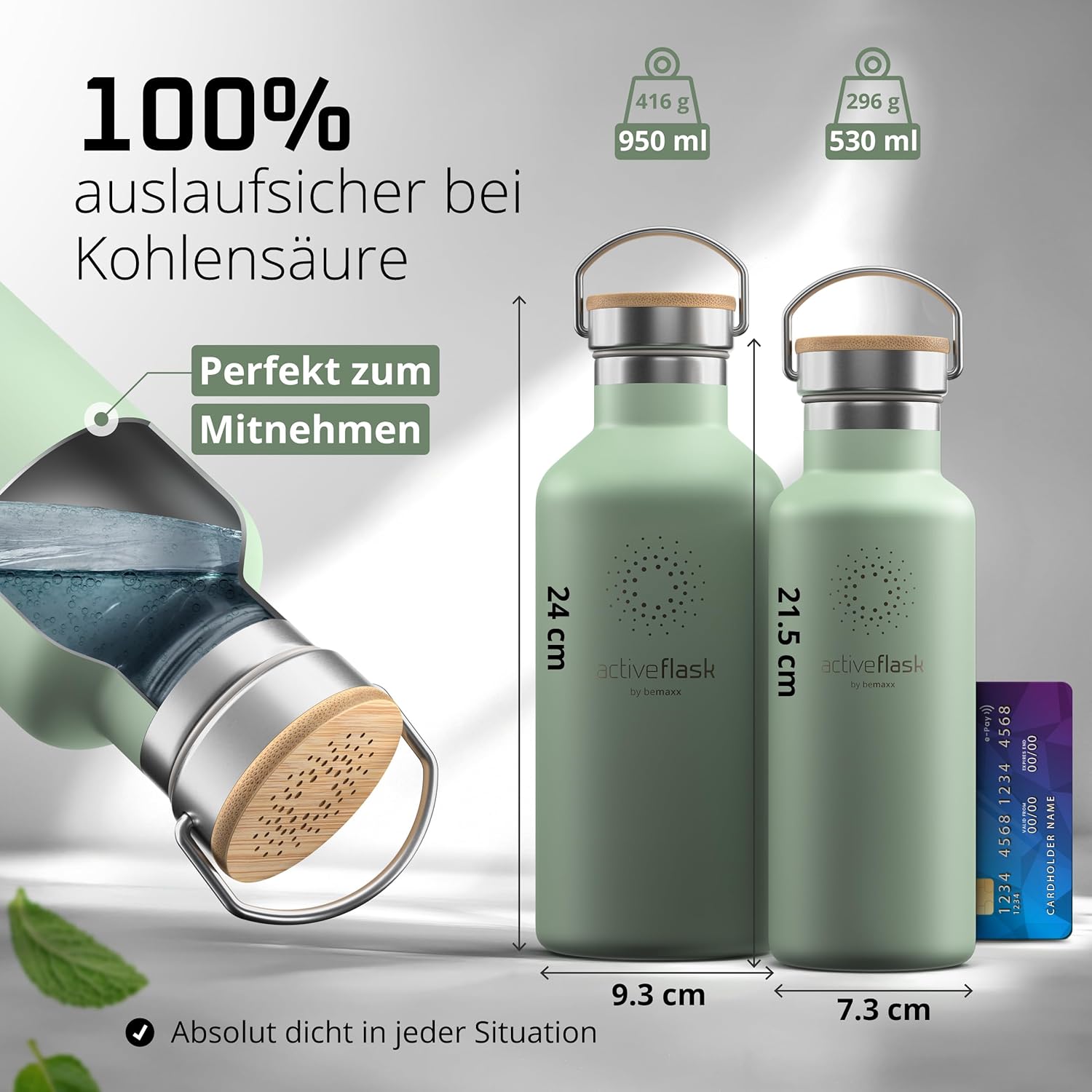 BeMaxx Trinkflasche Edelstahl ACTIVE FLASK sage Bamboo-Verschluss 530l