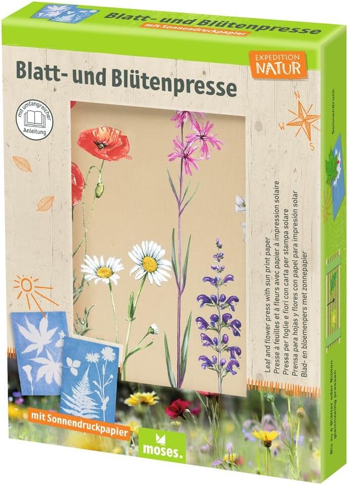 moses. Expedition Natur Blatt- und Blütenpresse mit Sonnendruckpapier, Blumenpresse für Kinder, Pflanzenpresse aus Holz zum Konservieren von Blüten und Blättern