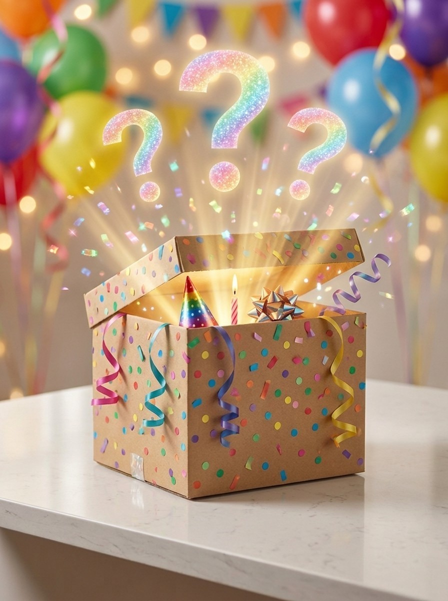 Geschenkbox, Partydekoration, Konfetti, Luftschlangen, Kuchenkerze
