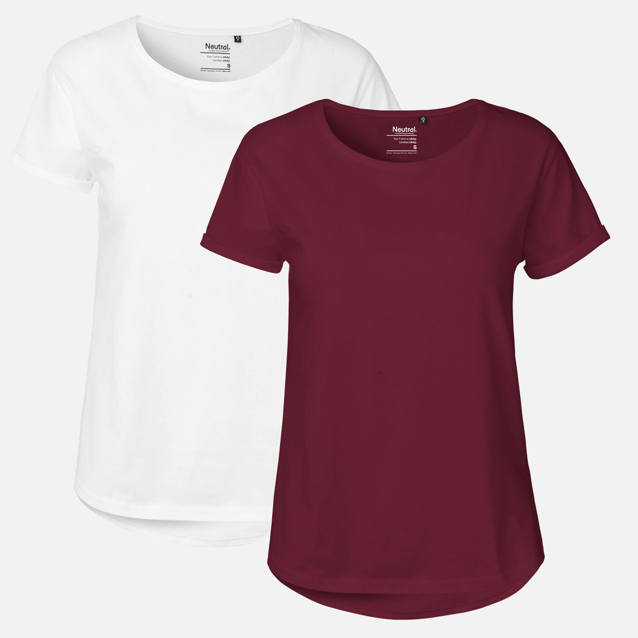 Damen-T-Shirt, Rundhalsausschnitt, Kurzarm, Weiß, Bordeauxrot