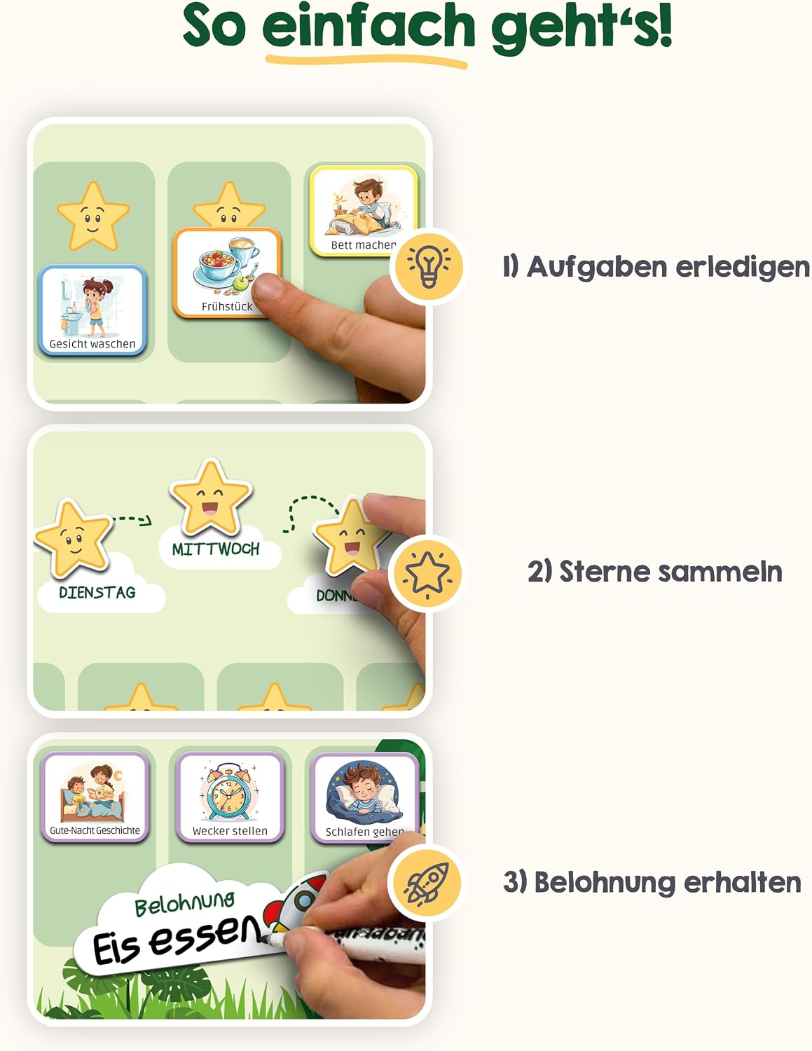 Lernkarten, Sticker, Sternenplan, Aufgaben, Belohnung