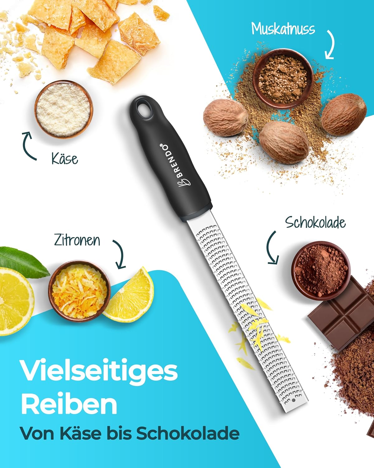 Brendo Premium Zester Reibe Käsereibe Knoblauchreibe Muskatnuss Reibe Zitronenreibe Ingwerreibe