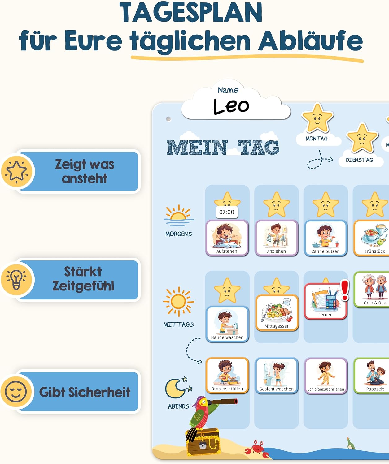 Tagesplaner für Kinder, Tagesablauftafel, Wochenplan, Tagesroutine, Magnetische Sterne