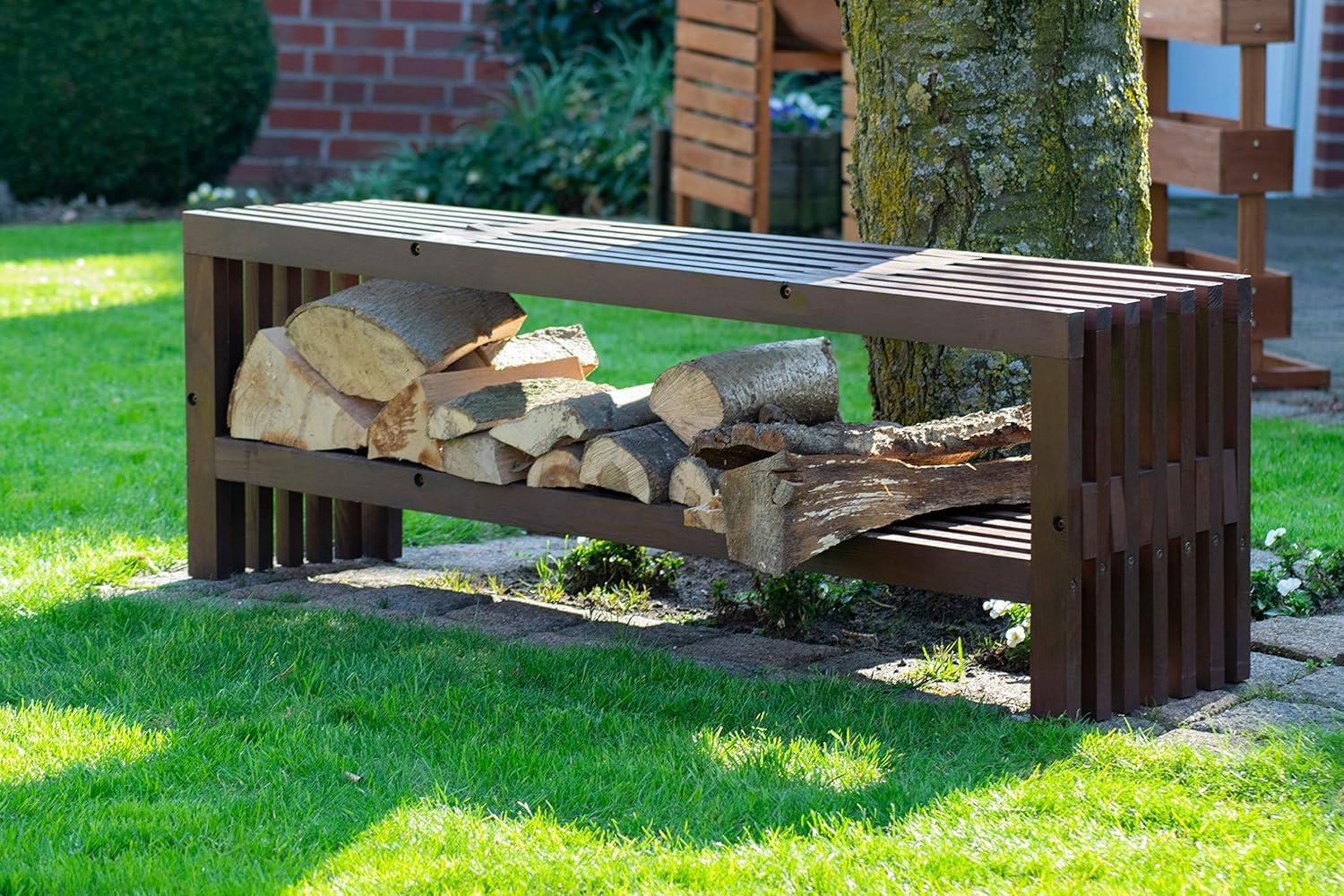 Dobar Gartenbank Svensson mit Kaminholzfach Sitzbank Holzbank braun DH127