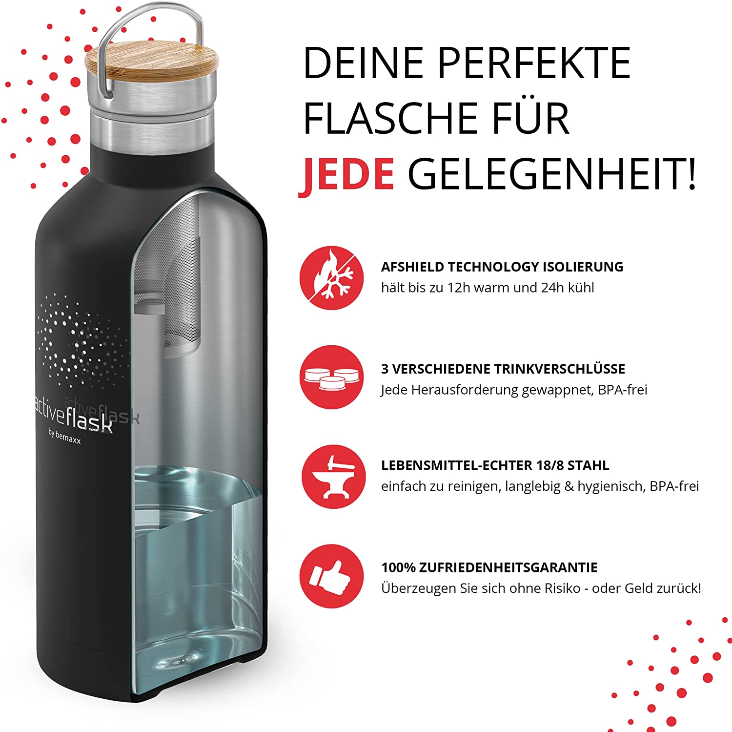 BeMaxx Trinkflasche Edelstahl ACTIVE FLASK schwarz Bamboo-Verschluss 530l