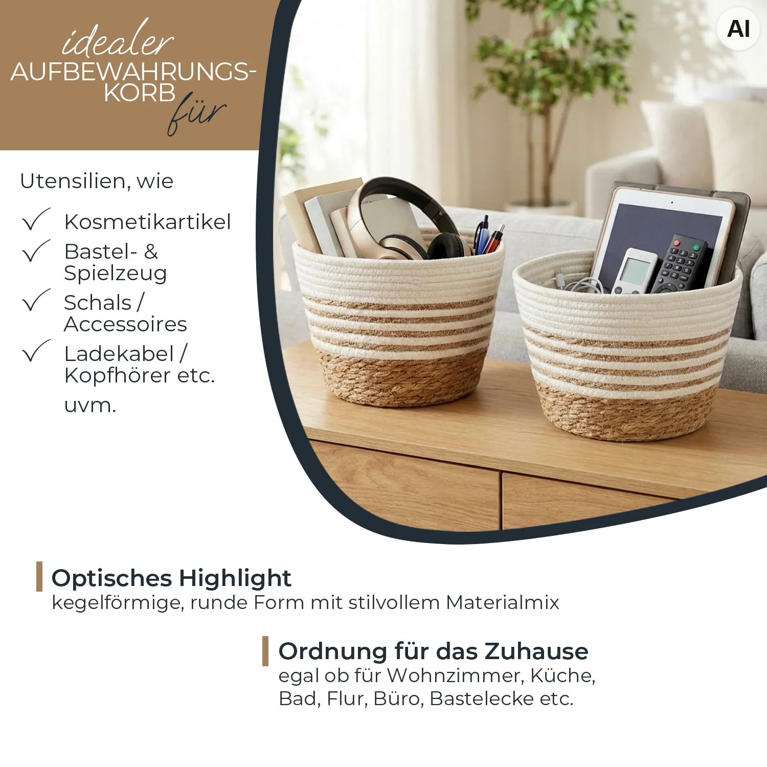 Aufbewahrungskorb, geflochten, kegelförmig, Naturfarben, Materialmix