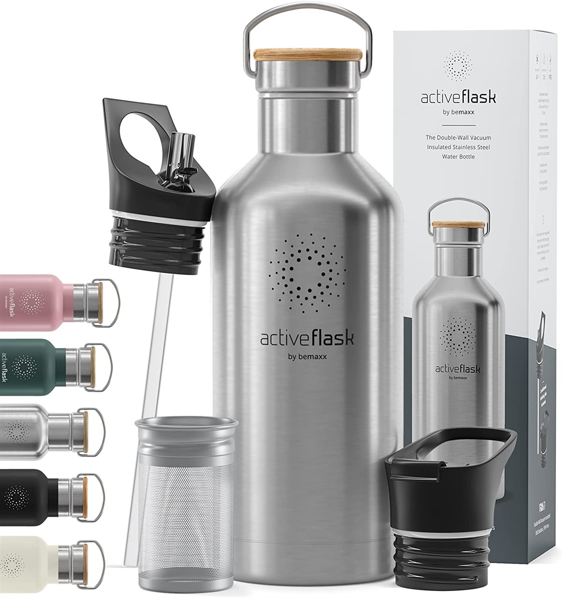 BeMaxx Trinkflasche Edelstahl ACTIVE FLASK silber Bamboo-Verschluss 530l