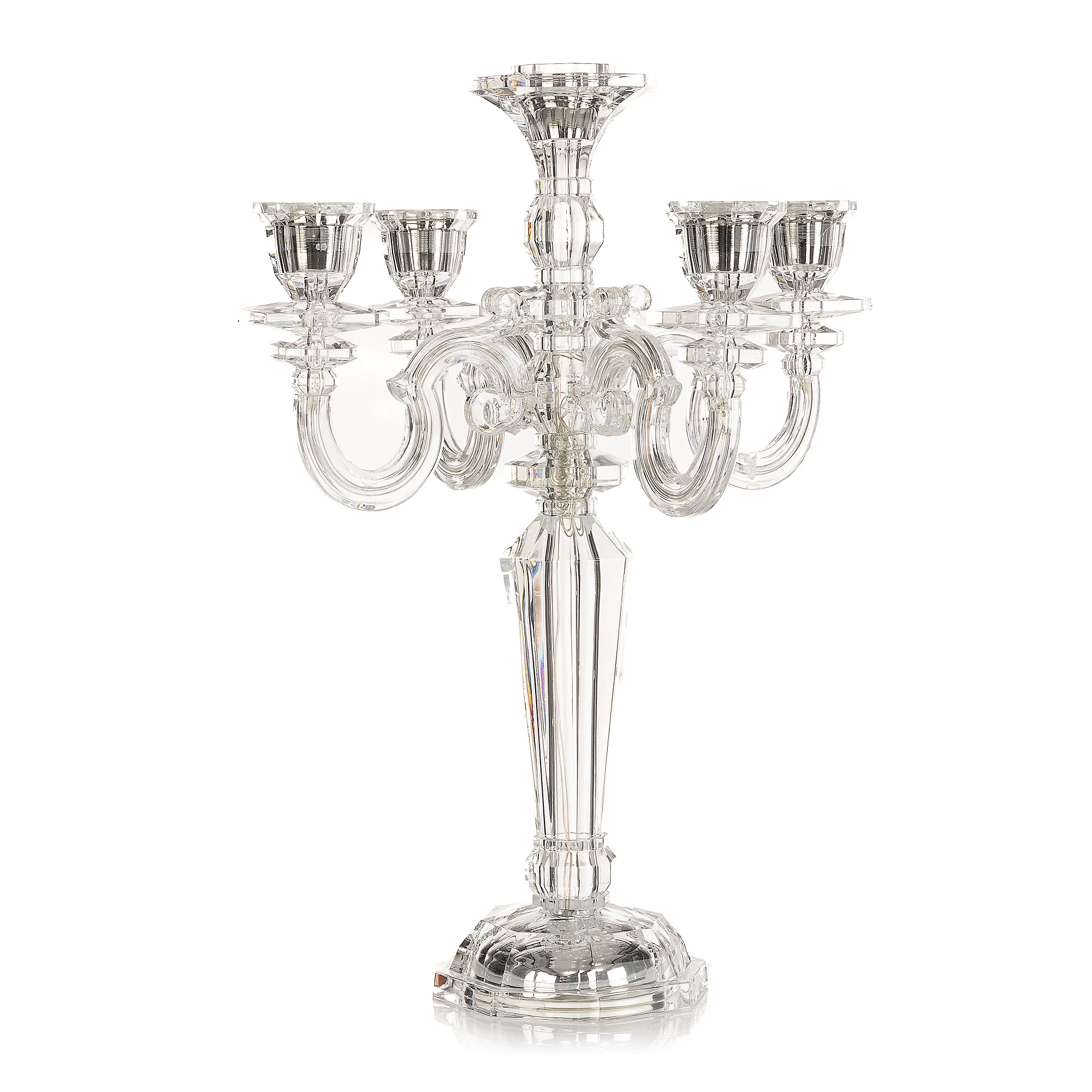 Kristallleuchter, fünfarmig, transparent, facettiertes Glas, Kerzenhalter