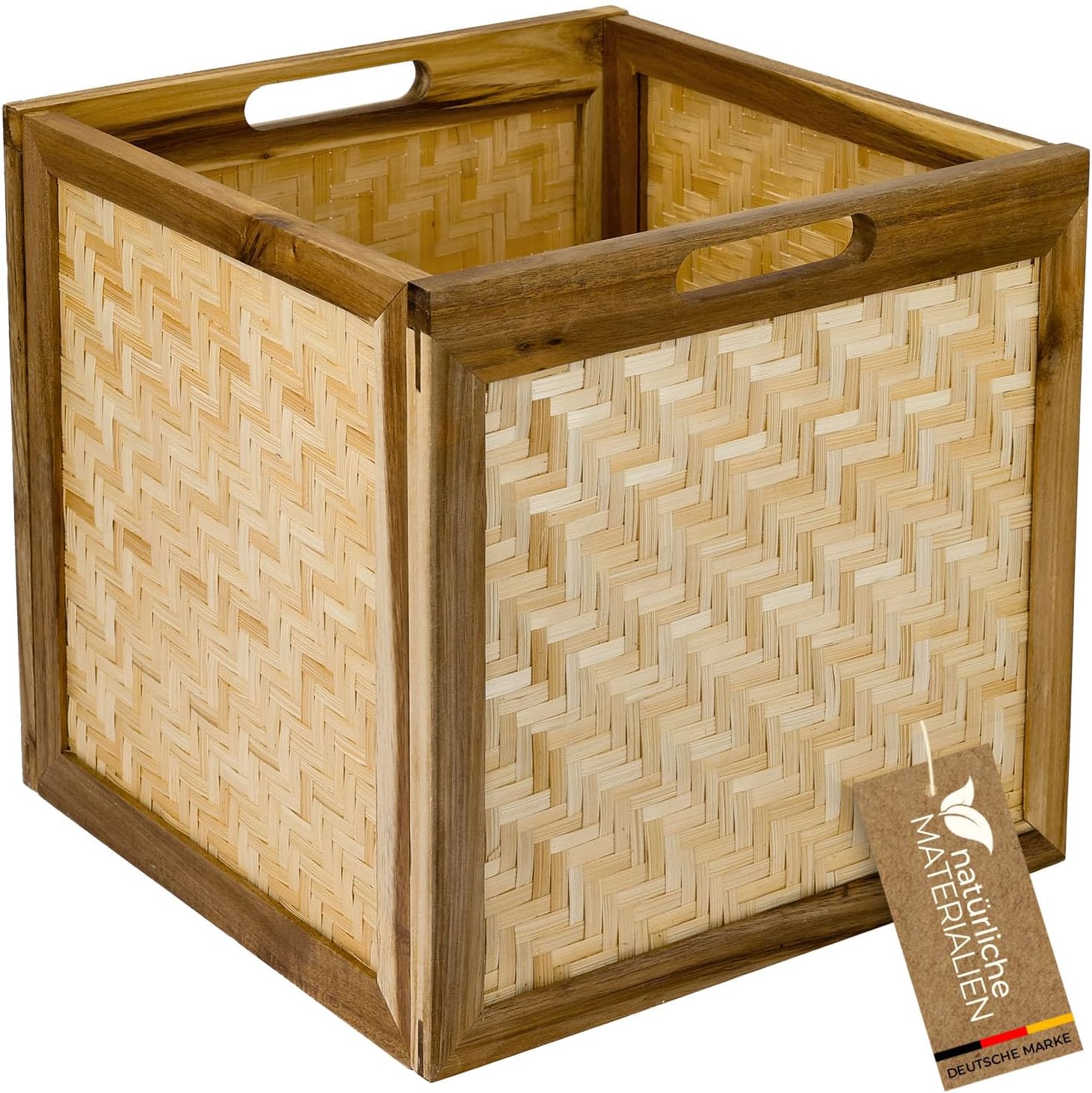 HMF Aufbewahrungskorb passend für Kallax Regale Korb aus Rattan mit Wiener Geflecht und Akazienholz 32 x 34 x 32 cm
